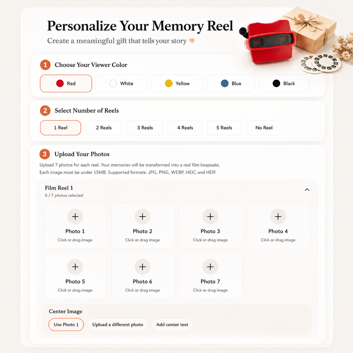 Personalization builder showing color, reel and photo choices